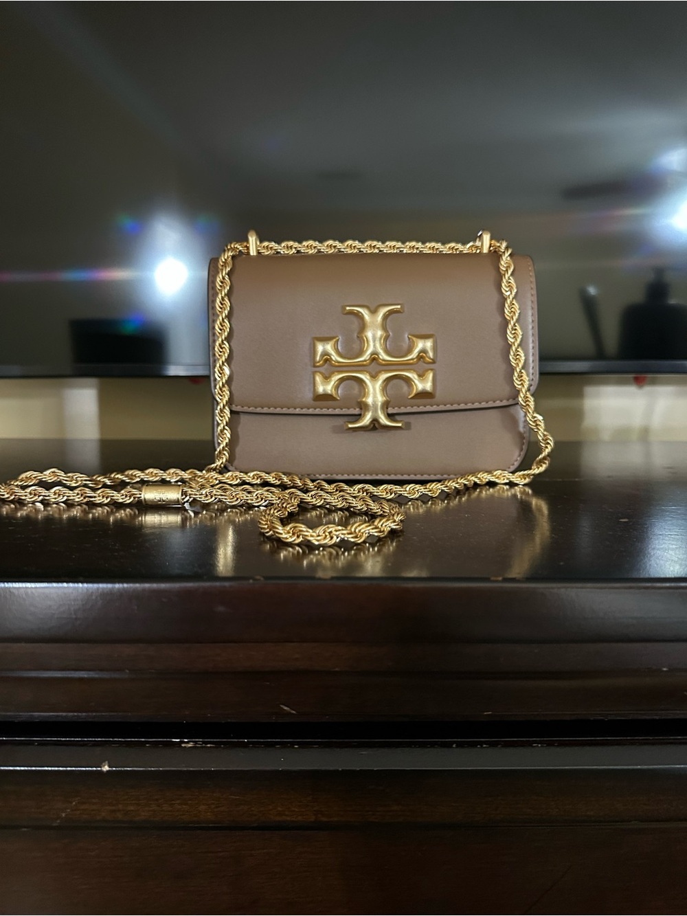 Tory Burch Taupe Leather Crossbody with Gold Logo & Chain